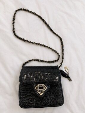 Y2K Black Croc Embossed Shoulder Bag Gold Chain Purse